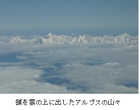頭を雲の上に出したアルプスの山々